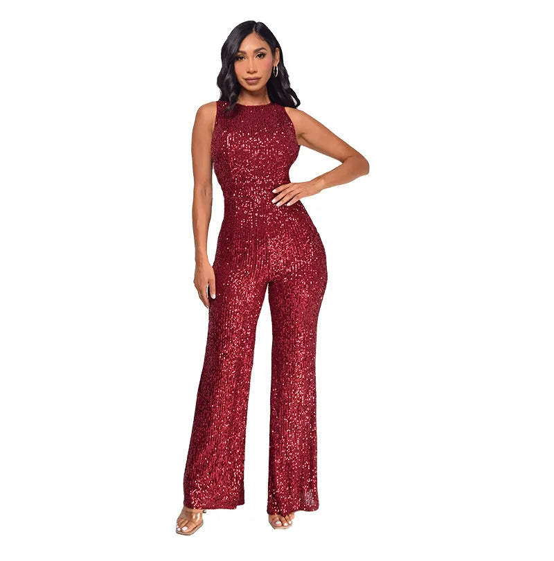 Sleeveless Sequined Jumpsuit Round Neck Slim Fit High Waist Sexy SprinSPECIFICATIONSBrand Name: mandylandyStyle: StreetwearAge: MIDDLE AGEOrigin: Mainland ChinaCN: GuangdongSeason: SummerMaterial: POLYESTERDecoration: SequinedFabric TyDMEwomenstorenull