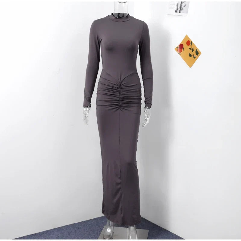 Elegant Sexy Long Dress Women Slim Round Neck Long Sleeves Fold Robe FSPECIFICATIONSWaistline: empireSupport: Wholesale &amp; Dropshipping27/300: 7/60Sleeve Style: regularSleeve Length(cm): FullBrand Name: hfwomenfzCraft of Weaving: TADMEwomenstorenull