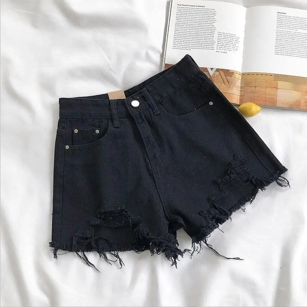 High Waist Denim Shorts for Women A-line Solid Color Ripped Button ZipSPECIFICATIONSBrand Name: SANWOODDecoration: ButtonFabric Type: blendedPant Style: regularPattern Type: SolidFit Type: regularStyle: CasualMaterial: COTTONMaterial: DMEwomenstorenull