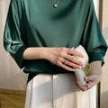 Blouse- Silk Half-Sleeve Tops Basic Solid Women Shirt Casual O-neck