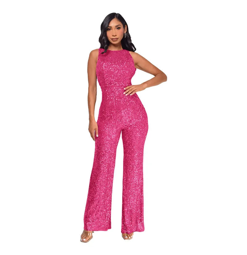 Sleeveless Sequined Jumpsuit Round Neck Slim Fit High Waist Sexy SprinSPECIFICATIONSBrand Name: mandylandyStyle: StreetwearAge: MIDDLE AGEOrigin: Mainland ChinaCN: GuangdongSeason: SummerMaterial: POLYESTERDecoration: SequinedFabric TyDMEwomenstorenull