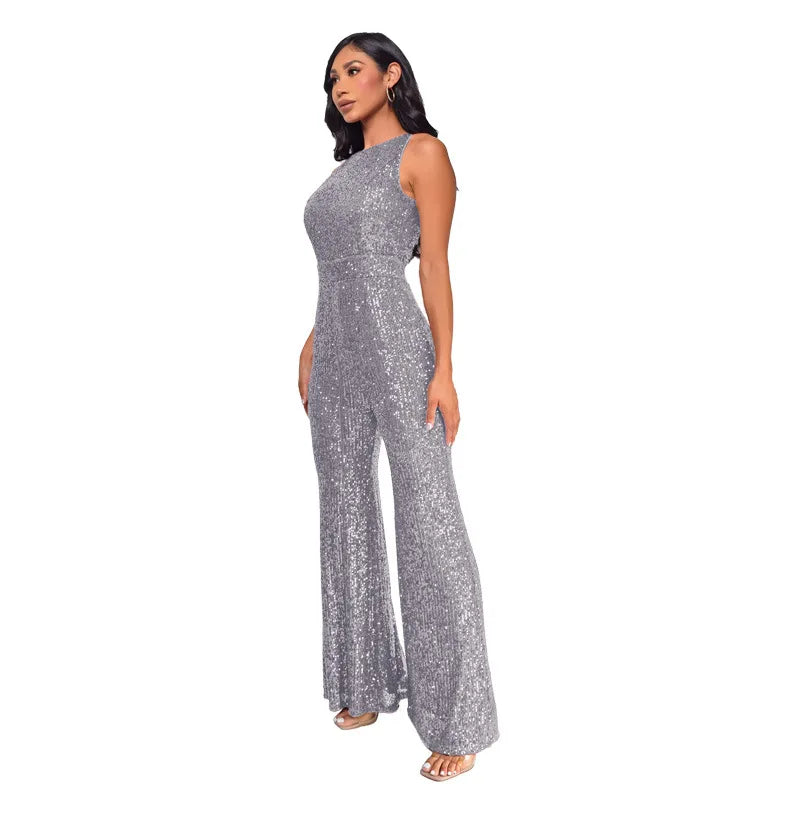 Sleeveless Sequined Jumpsuit Round Neck Slim Fit High Waist Sexy SprinSPECIFICATIONSBrand Name: mandylandyStyle: StreetwearAge: MIDDLE AGEOrigin: Mainland ChinaCN: GuangdongSeason: SummerMaterial: POLYESTERDecoration: SequinedFabric TyDMEwomenstorenull