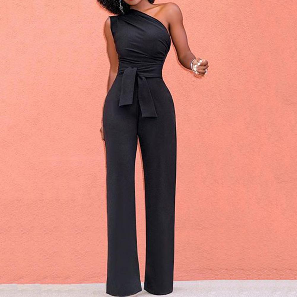 Sexy One Shoulder Jumpsuit Sleeveless Belt Wide Leg Elegant Lady New SSPECIFICATIONSAge: MIDDLE AGEBrand Name: SANWOODCN: GuangdongCraft of Weaving: OtherDecoration: PocketsFabric Type: BroadclothFabric content: 96% and aboveFit Type: DMEwomenstorenull