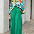 2-Pieces Set Print Blouse Solid High Waist Wide Leg Pants Elegant Lady