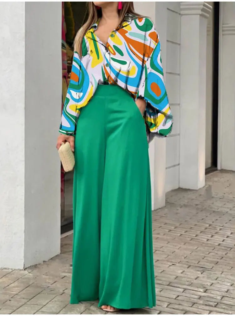 2-Pieces Set Print Blouse Solid High Waist Wide Leg Pants Elegant Lady