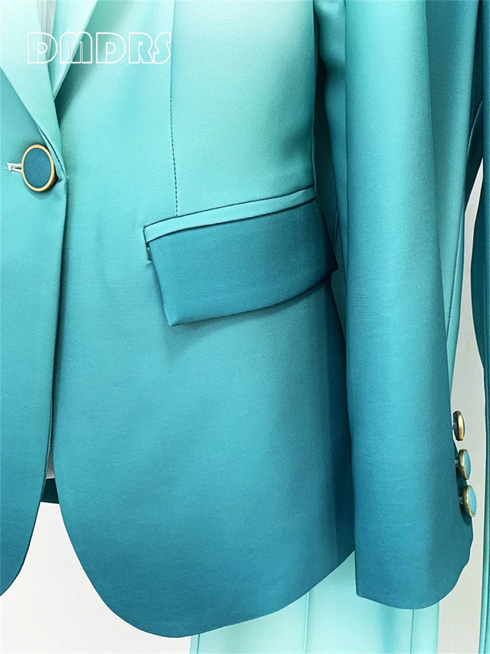 Gradient green slim fitting women's suit set with blazer and pants, featuring single button closure and notched collar.