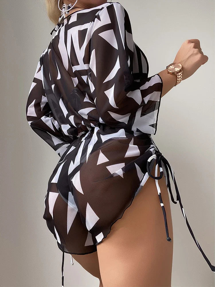 Swimwear- Bikini Set Size Swimsuit Women Long Sleeve Cover Up Print