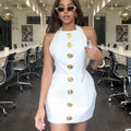 Club Dress Women Backless Halter Elegant Fashion Button Solid SleeveleSPECIFICATIONSBrand Name: KOZOCAElasticity: Non StrechSleeve Style: TANKFabric Type: POLYESTERPattern Type: SolidFit Type: SlimSilhouette: A-LINENeckline: O-NeckDecoDMEwomenstorenull