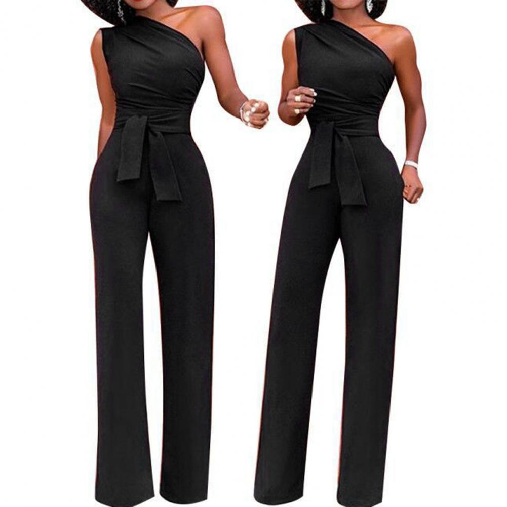 Sexy One Shoulder Jumpsuit Sleeveless Belt Wide Leg Elegant Lady New SSPECIFICATIONSAge: MIDDLE AGEBrand Name: SANWOODCN: GuangdongCraft of Weaving: OtherDecoration: PocketsFabric Type: BroadclothFabric content: 96% and aboveFit Type: DMEwomenstorenull