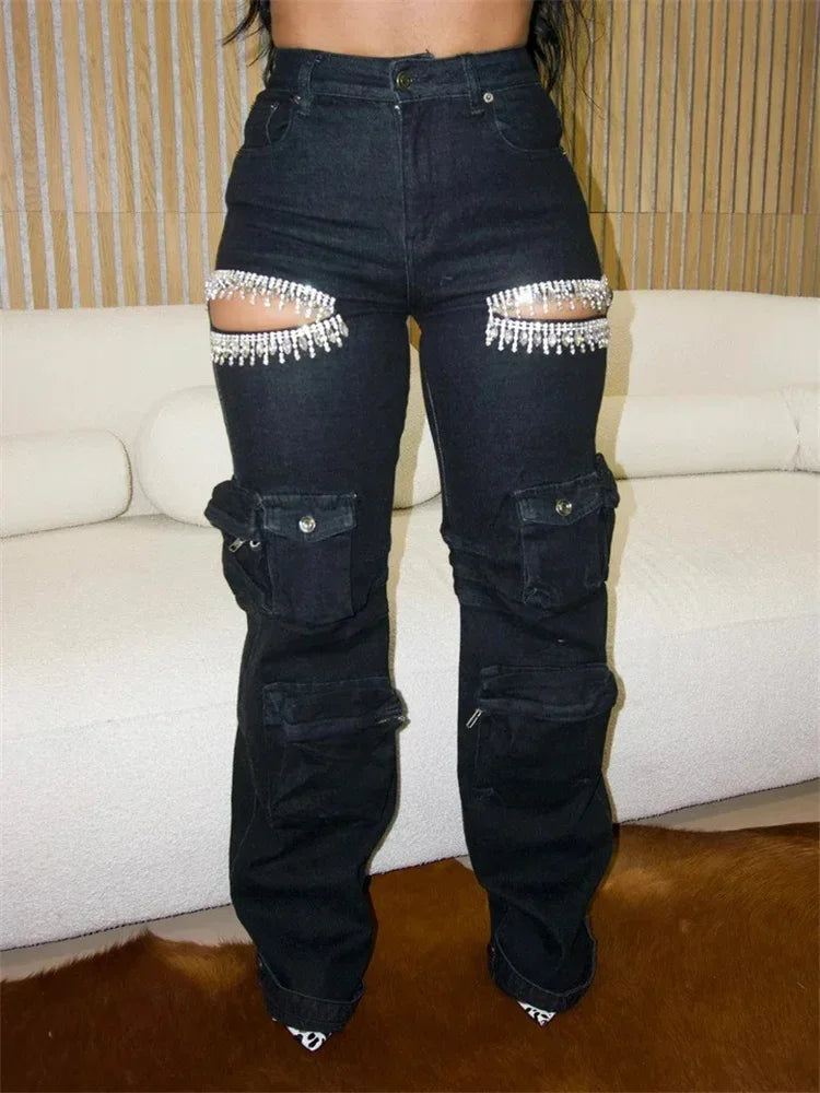 Pants with Tassel Diamond Pieces Mid Waist Straight Leg JeansSPECIFICATIONSBrand Name: Wmstar PlusMaterial: POLYESTERElasticity: Slight StrechFabric Type: Thin denimHign-concerned Chemical: NoneLength: Ankle-Length PantsFit TyDMEwomenstorenull