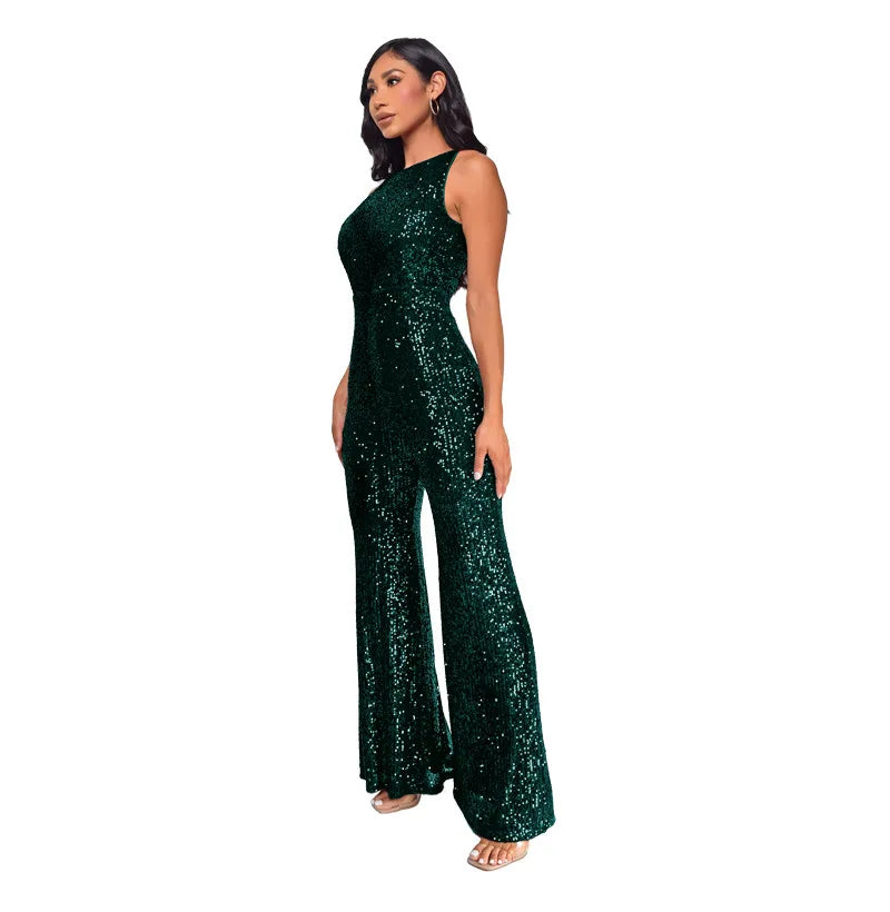 Sleeveless Sequined Jumpsuit Round Neck Slim Fit High Waist Sexy SprinSPECIFICATIONSBrand Name: mandylandyStyle: StreetwearAge: MIDDLE AGEOrigin: Mainland ChinaCN: GuangdongSeason: SummerMaterial: POLYESTERDecoration: SequinedFabric TyDMEwomenstorenull