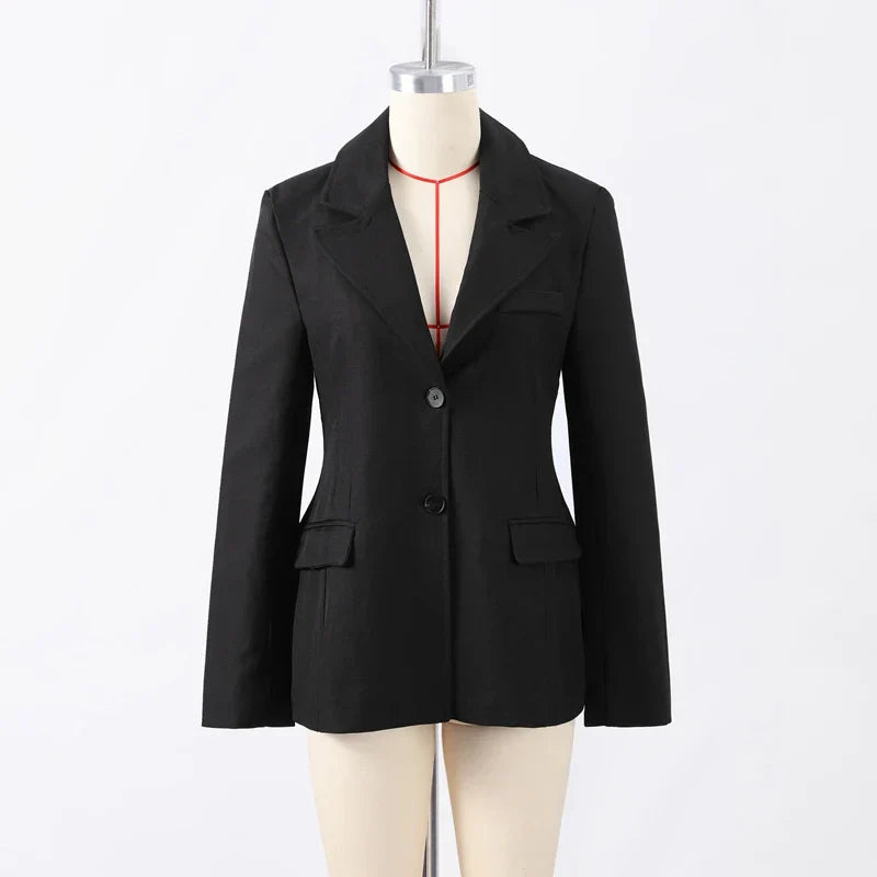 Elegant women's black blazer with slim lapel and single button.