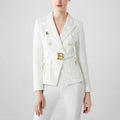 Luxury white women’s double-breasted pocket blazer with notched collar.