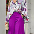 2-Pieces Set Print Blouse Solid High Waist Wide Leg Pants Elegant Lady