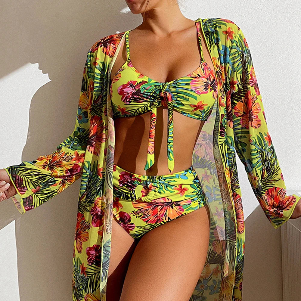 Swimwear- Sexy High Waist Bikini 3 Pieces Floral Print Swimsuit