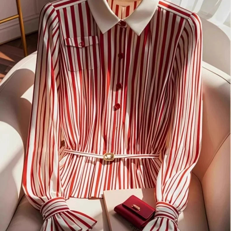 Shirt- High end Stripe Blouse Polo Collar Brooch Top women elegance