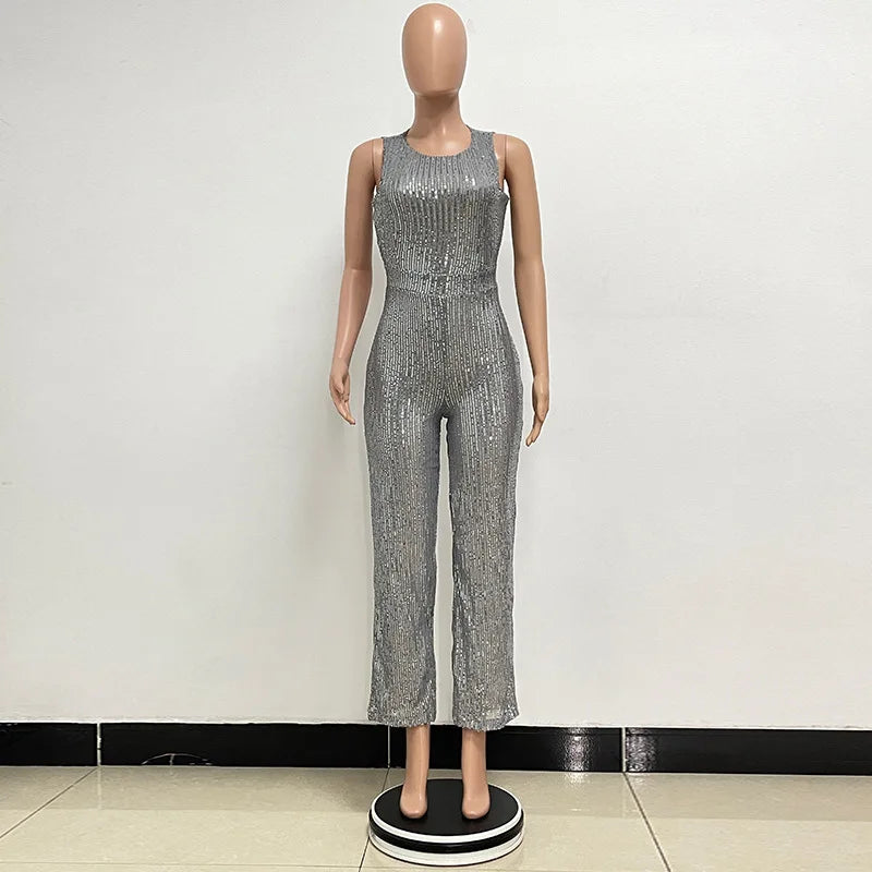 Sleeveless Sequined Jumpsuit Round Neck Slim Fit High Waist Sexy SprinSPECIFICATIONSBrand Name: mandylandyStyle: StreetwearAge: MIDDLE AGEOrigin: Mainland ChinaCN: GuangdongSeason: SummerMaterial: POLYESTERDecoration: SequinedFabric TyDMEwomenstorenull