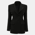 Elegant women's black slim lapel single button long sleeve blazer.