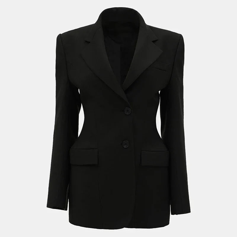 Elegant women's black slim lapel single button long sleeve blazer.