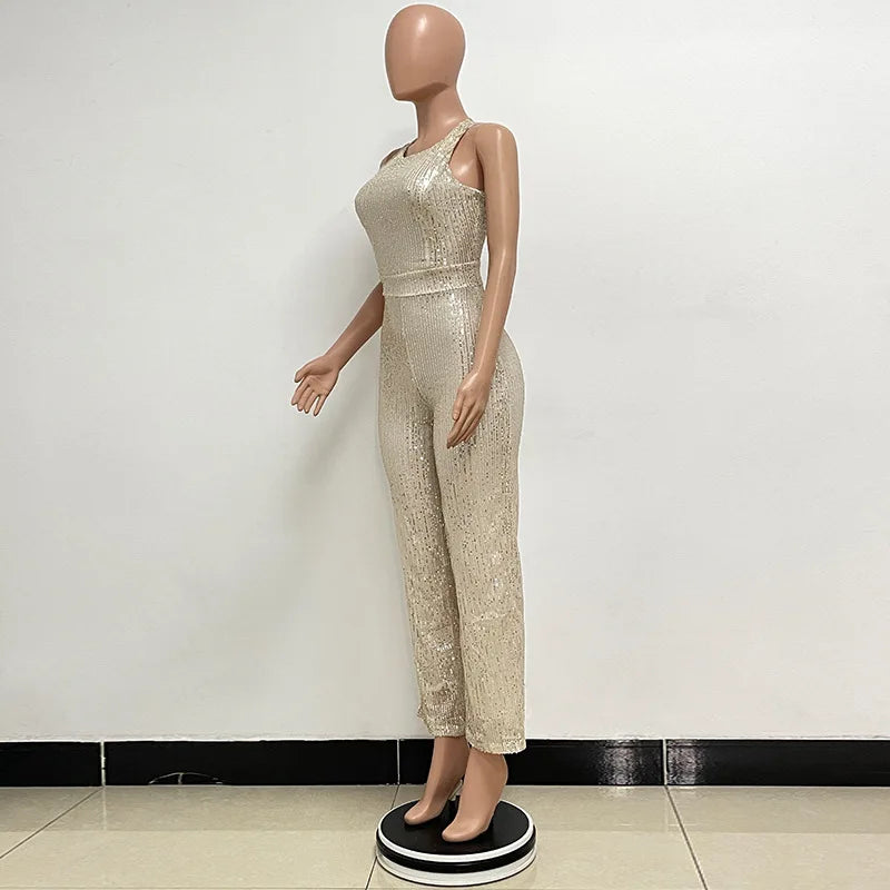 Sleeveless Sequined Jumpsuit Round Neck Slim Fit High Waist Sexy SprinSPECIFICATIONSBrand Name: mandylandyStyle: StreetwearAge: MIDDLE AGEOrigin: Mainland ChinaCN: GuangdongSeason: SummerMaterial: POLYESTERDecoration: SequinedFabric TyDMEwomenstorenull