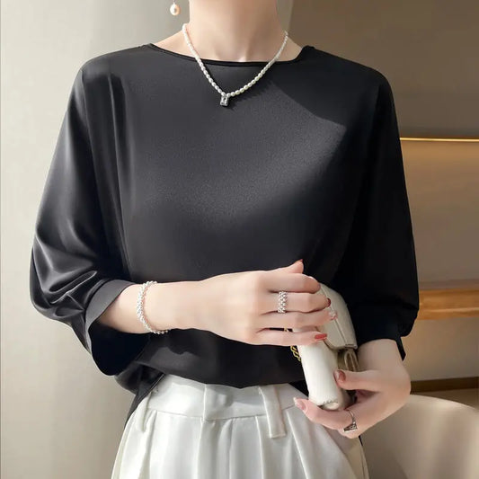 Blouse- Silk Half-Sleeve Tops Basic Solid Women Shirt Casual O-neck