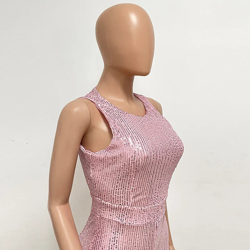 Sleeveless Sequined Jumpsuit Round Neck Slim Fit High Waist Sexy SprinSPECIFICATIONSBrand Name: mandylandyStyle: StreetwearAge: MIDDLE AGEOrigin: Mainland ChinaCN: GuangdongSeason: SummerMaterial: POLYESTERDecoration: SequinedFabric TyDMEwomenstorenull