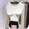 Contrasting Splicing Long Sleeved Round Neck T-shirt Base Shirt Warm TSPECIFICATIONSBrand Name: NoEnName_NullStyle: Office LadyAge: MIDDLE AGEOrigin: Mainland ChinaCN: GuangdongSeason: Autumn/WinterClothing Length: regularDecoration: PDMEwomenstorenull