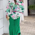 2-Pieces Set Print Blouse Solid High Waist Wide Leg Pants Elegant Lady