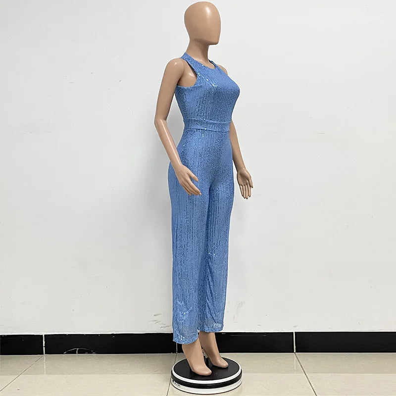 Sleeveless Sequined Jumpsuit Round Neck Slim Fit High Waist Sexy SprinSPECIFICATIONSBrand Name: mandylandyStyle: StreetwearAge: MIDDLE AGEOrigin: Mainland ChinaCN: GuangdongSeason: SummerMaterial: POLYESTERDecoration: SequinedFabric TyDMEwomenstorenull