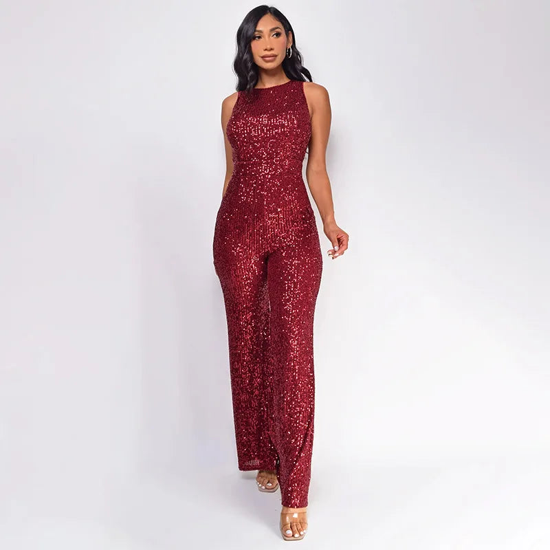 Sleeveless Sequined Jumpsuit Round Neck Slim Fit High Waist Sexy SprinSPECIFICATIONSBrand Name: mandylandyStyle: StreetwearAge: MIDDLE AGEOrigin: Mainland ChinaCN: GuangdongSeason: SummerMaterial: POLYESTERDecoration: SequinedFabric TyDMEwomenstorenull