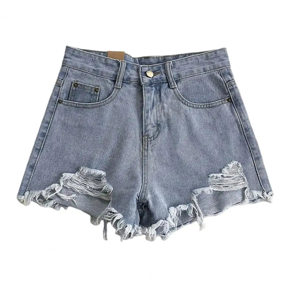 High Waist Denim Shorts for Women A-line Solid Color Ripped Button ZipSPECIFICATIONSBrand Name: SANWOODDecoration: ButtonFabric Type: blendedPant Style: regularPattern Type: SolidFit Type: regularStyle: CasualMaterial: COTTONMaterial: DMEwomenstorenull