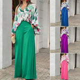 2-Pieces Set Print Blouse Solid High Waist Wide Leg Pants Elegant Lady