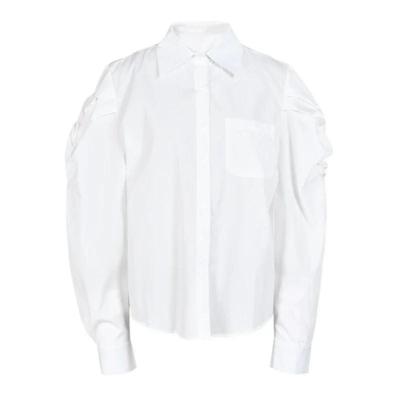 Women's trendy white coat top two-piece with long sleeves and notched collar.