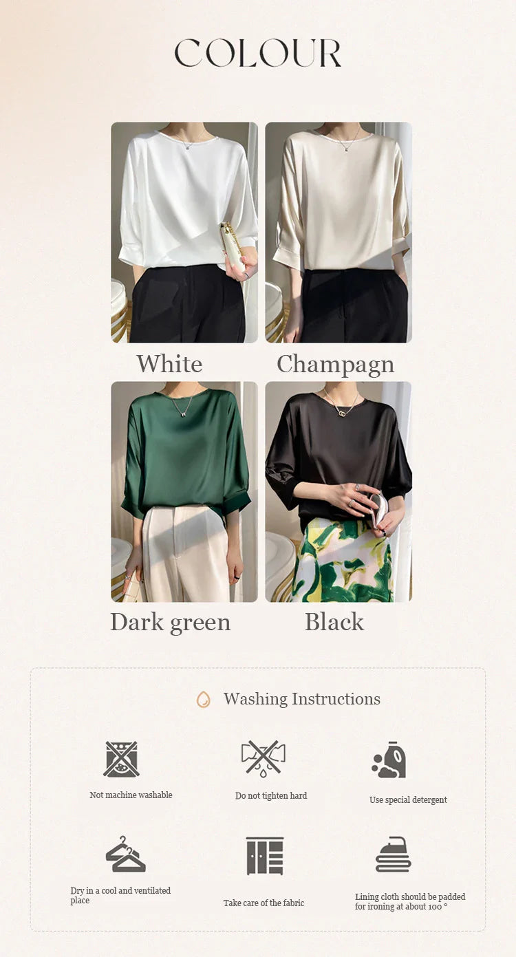 Blouse- Silk Half-Sleeve Tops Basic Solid Women Shirt Casual O-neck