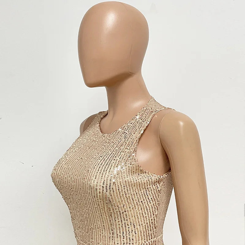 Sleeveless Sequined Jumpsuit Round Neck Slim Fit High Waist Sexy SprinSPECIFICATIONSBrand Name: mandylandyStyle: StreetwearAge: MIDDLE AGEOrigin: Mainland ChinaCN: GuangdongSeason: SummerMaterial: POLYESTERDecoration: SequinedFabric TyDMEwomenstorenull