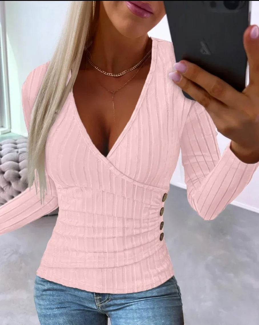 Elegant Deep V-neck Long-sleeved Slim Knitted Top For Women FashionablSPECIFICATIONSBrand Name: owner girlwhether full opening: NoClothing Length: regularMaterial: POLYESTERDecoration: noneClosure Type: NoneCollar: V-NeckElasticity: SlDMEwomenstorenull