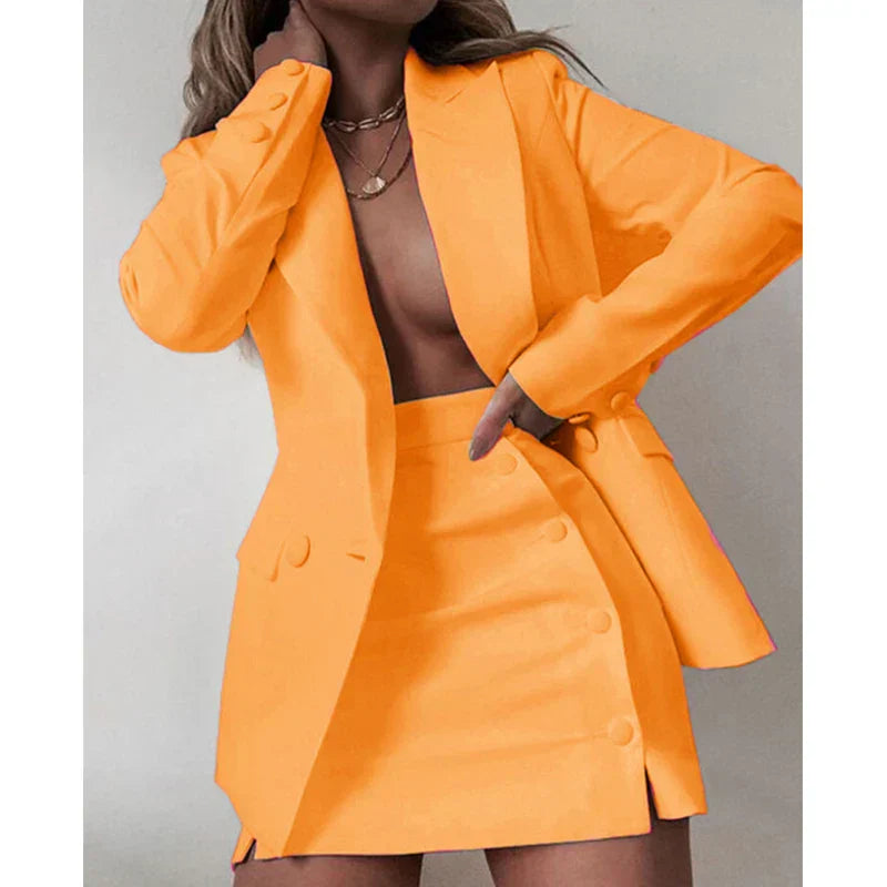 Jacket Sets - Women's 2 Piece Streetwear Blazer & Coat Set, Skirt and Suit