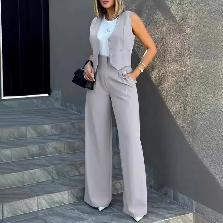 Women's casual slim notched blazer and waistcoat set with ankle-length high waist pants, office lady style.