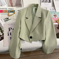 Women's loose short suit jacket with notched collar in solid color, single button closure.