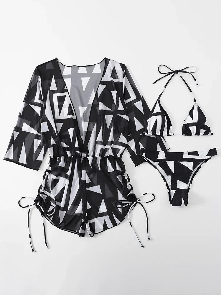 Swimwear- Bikini Set Size Swimsuit Women Long Sleeve Cover Up Print