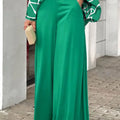 2-Pieces Set Print Blouse Solid High Waist Wide Leg Pants Elegant Lady