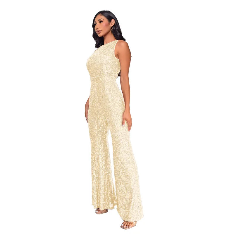 Sleeveless Sequined Jumpsuit Round Neck Slim Fit High Waist Sexy SprinSPECIFICATIONSBrand Name: mandylandyStyle: StreetwearAge: MIDDLE AGEOrigin: Mainland ChinaCN: GuangdongSeason: SummerMaterial: POLYESTERDecoration: SequinedFabric TyDMEwomenstorenull