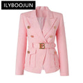 Luxury pink double-breasted women's blazer with notched collar and pocket details.