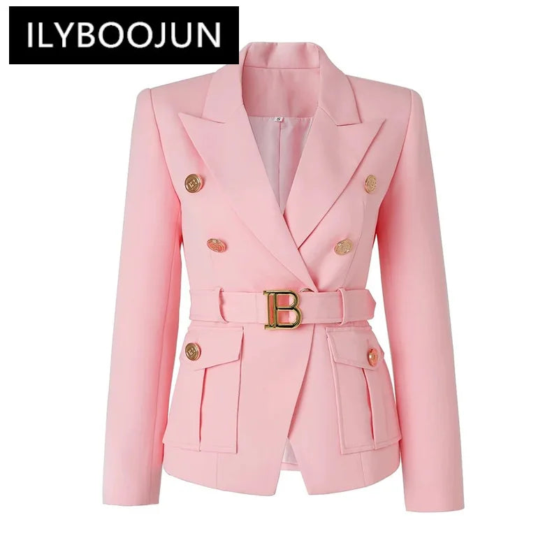 Luxury pink double-breasted women's blazer with notched collar and pocket details.