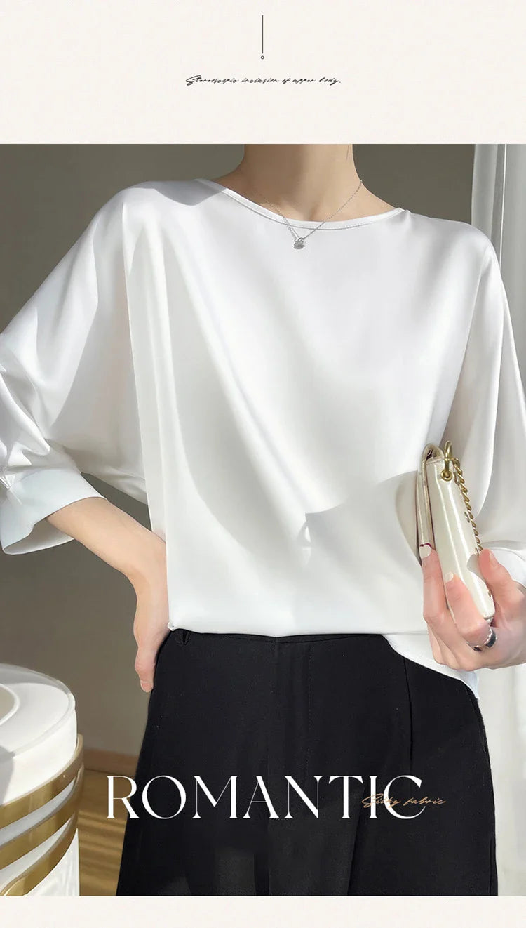 Blouse- Silk Half-Sleeve Tops Basic Solid Women Shirt Casual O-neck