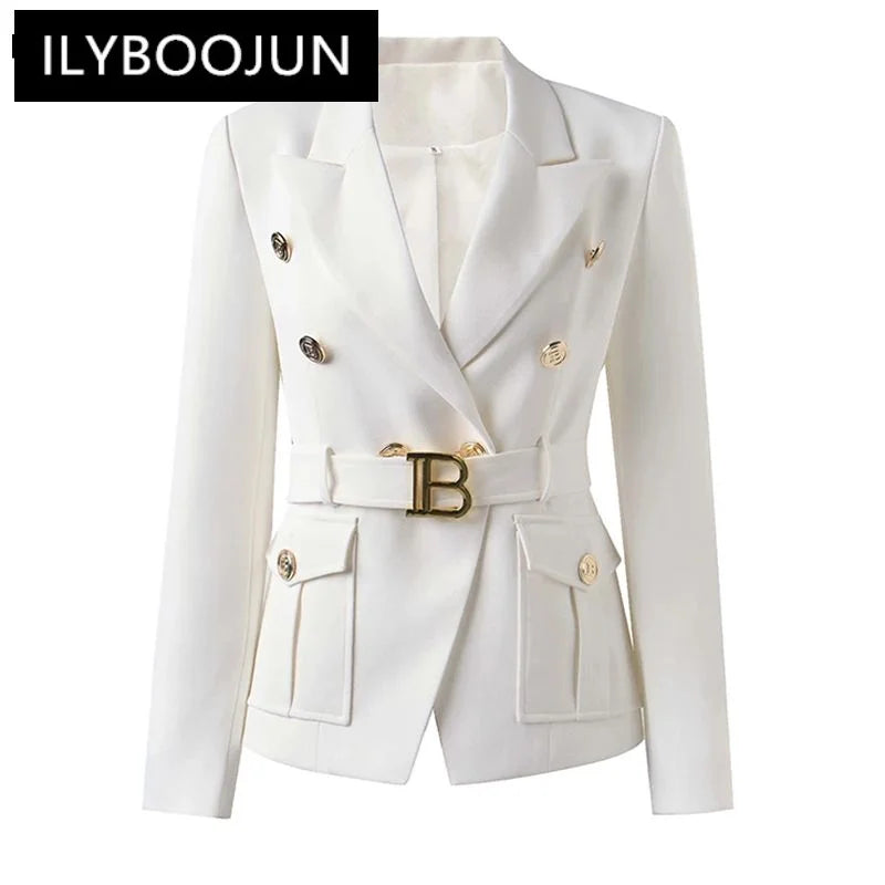 Elegant tailored double-breasted women's blazer with gold buttons and pockets