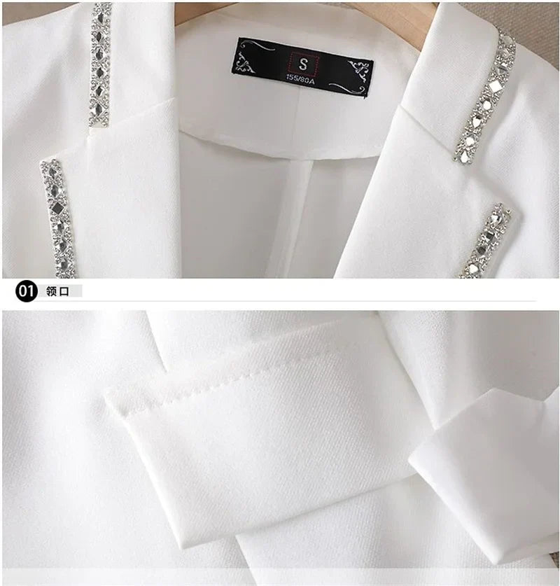 White women's blazer with sequin decoration, notched collar, and single button closure.