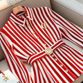 Shirt- High end Stripe Blouse Polo Collar Brooch Top women elegance