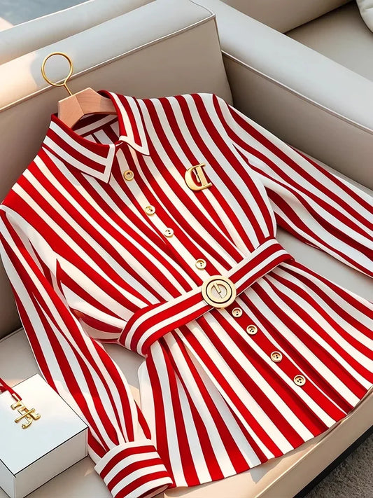 Shirt- High end Stripe Blouse Polo Collar Brooch Top women elegance