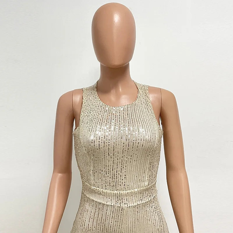 Sleeveless Sequined Jumpsuit Round Neck Slim Fit High Waist Sexy SprinSPECIFICATIONSBrand Name: mandylandyStyle: StreetwearAge: MIDDLE AGEOrigin: Mainland ChinaCN: GuangdongSeason: SummerMaterial: POLYESTERDecoration: SequinedFabric TyDMEwomenstorenull